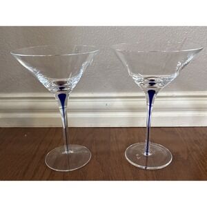 Set Of 2 Home Essentials Crystal Martini Glasses Blown Glass Blue Tear Drop Stem